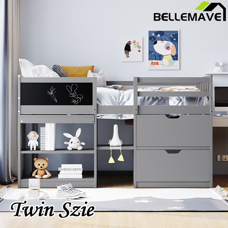 Bellemave® Twin Size Low Loft Bed with Rolling Desk, Shelf and Drawers - Bellemave