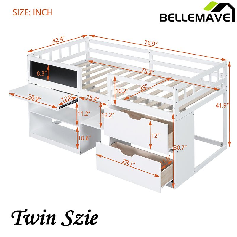 Bellemave® Twin Size Low Loft Bed with Rolling Desk, Shelf and Drawers - Bellemave