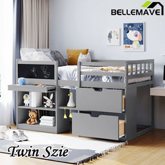 Bellemave® Twin Size Low Loft Bed with Rolling Desk, Shelf and Drawers - Bellemave