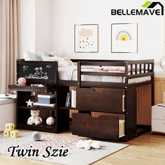 Bellemave® Twin Size Low Loft Bed with Rolling Desk, Shelf and Drawers - Bellemave