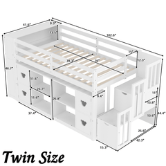 Bellemave® Twin Size Low Loft Bed with Shelves, Storage Headboard, and Stair of Grey Color - Bellemave