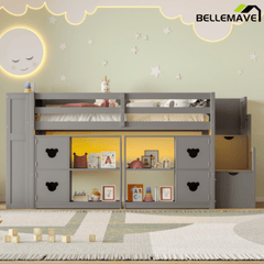 Bellemave® Twin Size Low Loft Bed with Shelves, Storage Headboard, and Stair of Grey Color - Bellemave