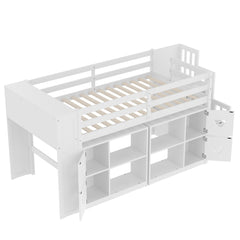 Bellemave® Twin Size Low Loft Bed with Shelves, Storage Headboard, and Stair of Grey Color - Bellemave