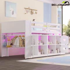 Bellemave® Twin Size Low Loft Bed with Shelves, Storage Headboard, and Stair of Grey Color - Bellemave