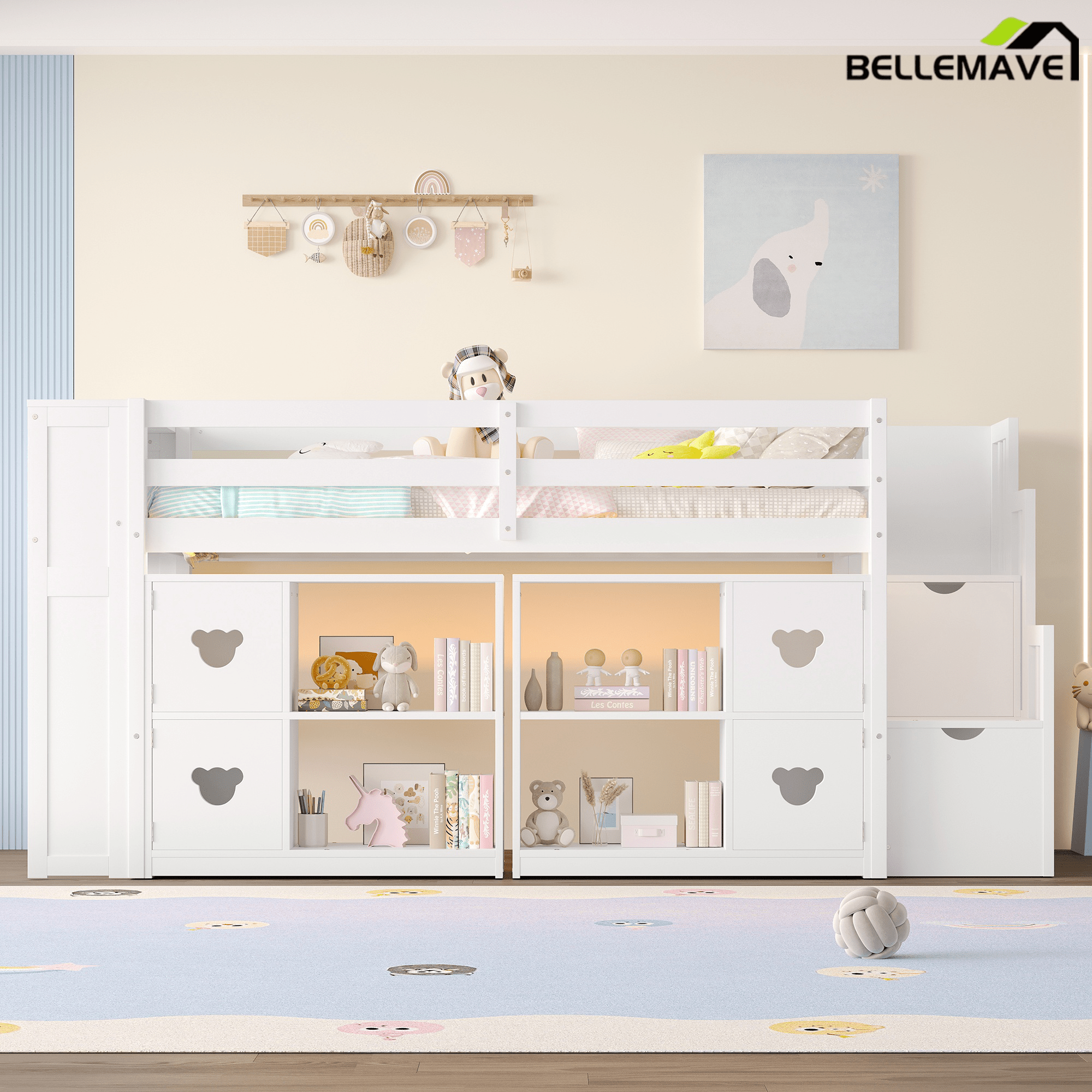 Bellemave® Twin Size Low Loft Bed with Shelves, Storage Headboard, and Stair of Grey Color - Bellemave