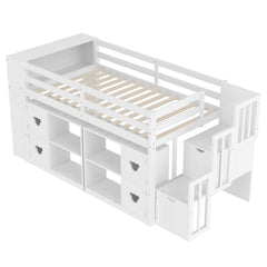 Bellemave® Twin Size Low Loft Bed with Shelves, Storage Headboard, and Stair of Grey Color - Bellemave