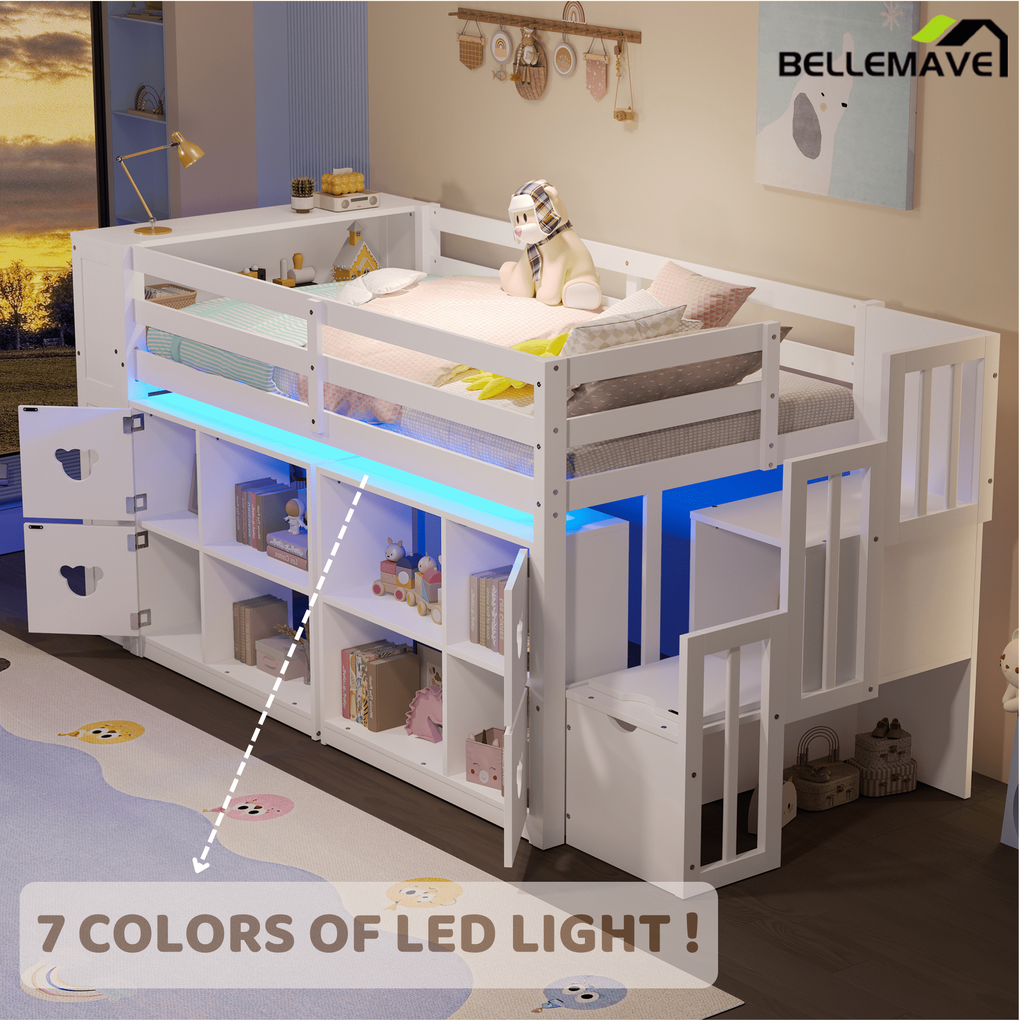 Bellemave® Twin Size Low Loft Bed with Shelves, Storage Headboard, and Stair of Grey Color - Bellemave