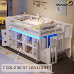 Bellemave® Twin Size Low Loft Bed with Shelves, Storage Headboard, and Stair of Grey Color - Bellemave