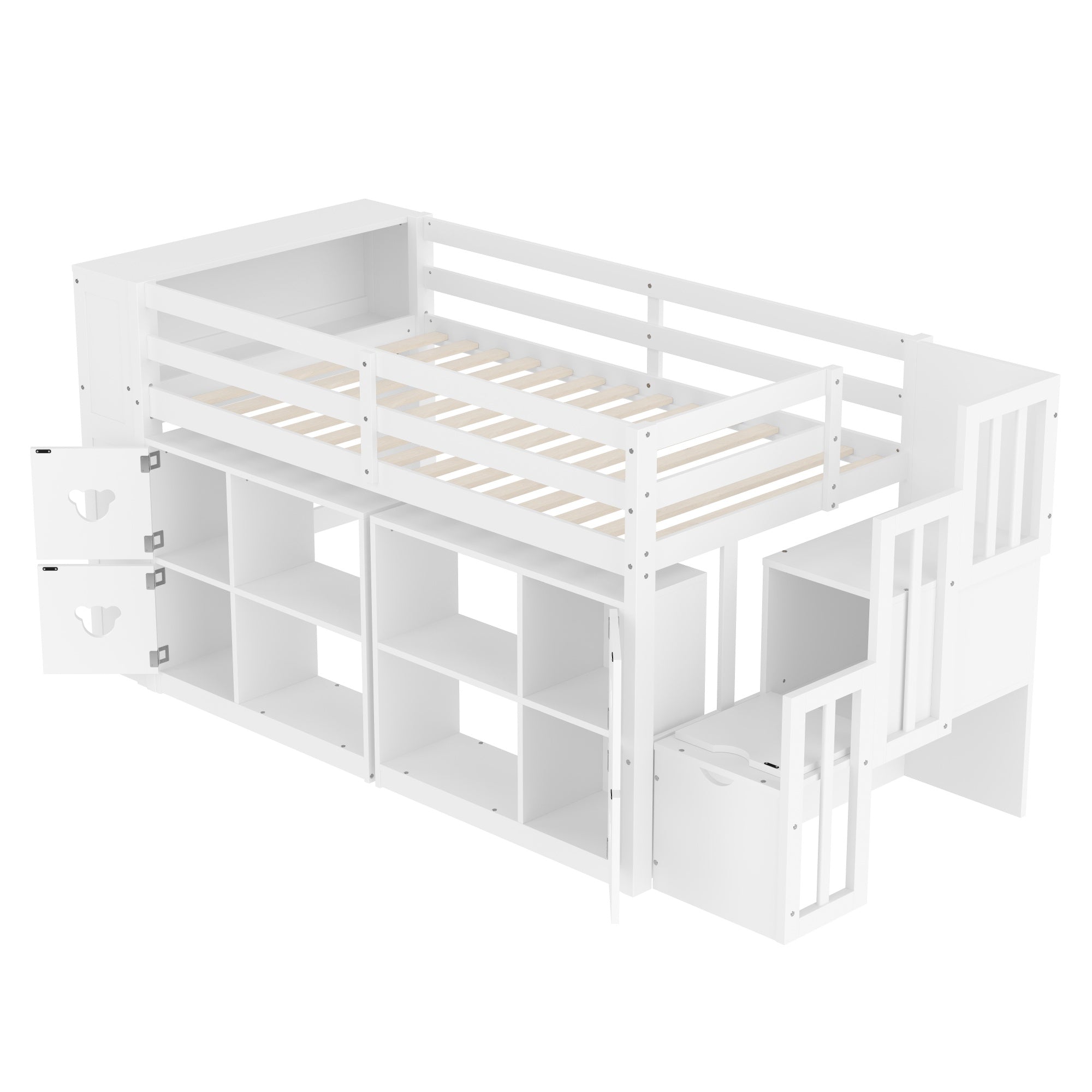 Bellemave® Twin Size Low Loft Bed with Shelves, Storage Headboard, and Stair of Grey Color - Bellemave