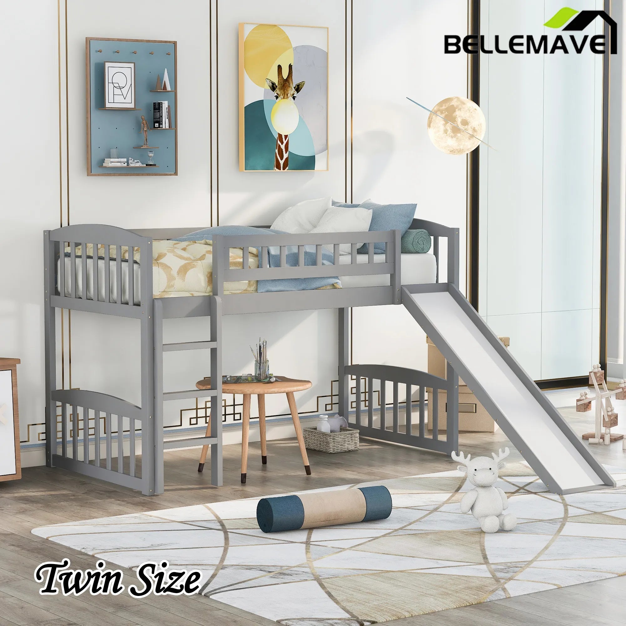 Bellemave® Twin Size Low Loft Bed with Slide and Ladder - Bellemave