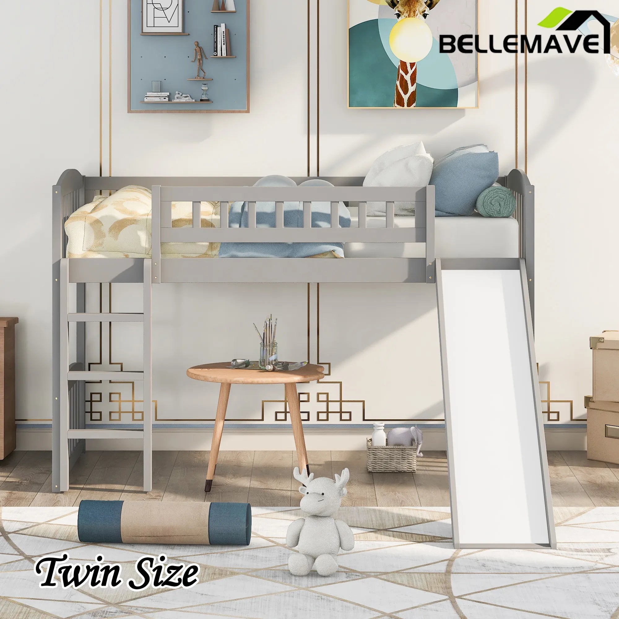 Bellemave® Twin Size Low Loft Bed with Slide and Ladder - Bellemave