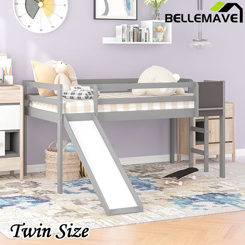Bellemave® Twin Size Low Loft Bed with Slide, Ladder and Chalkboard - Bellemave