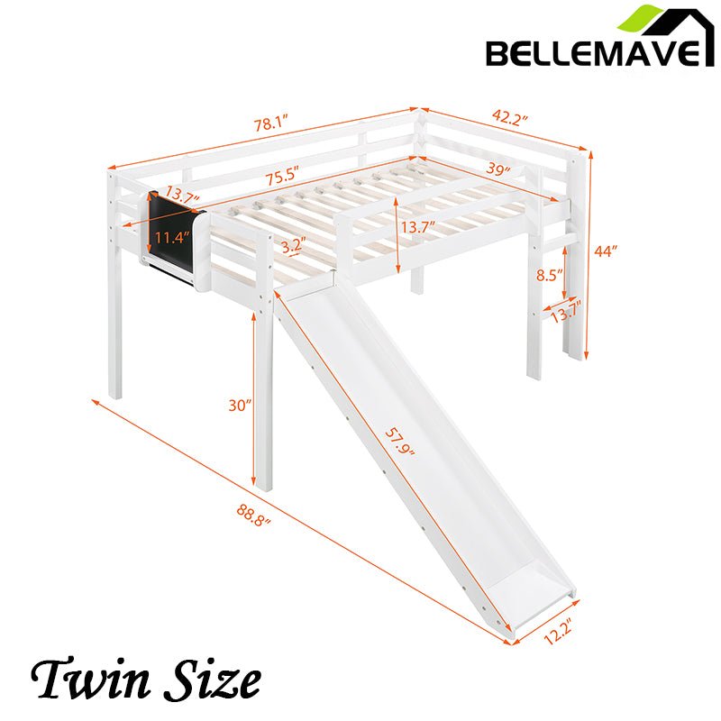 Bellemave® Twin Size Low Loft Bed with Slide, Ladder and Chalkboard - Bellemave