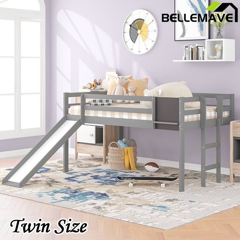 Bellemave® Twin Size Low Loft Bed with Slide, Ladder and Chalkboard - Bellemave