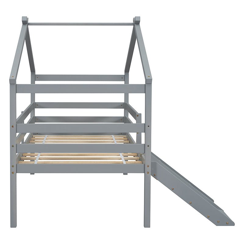 Bellemave® Twin Size Low Loft Bed with Slide, Ladder, Safety Guardrails, House Roof Frame - Bellemave