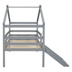 Bellemave® Twin Size Low Loft Bed with Slide, Ladder, Safety Guardrails, House Roof Frame - Bellemave