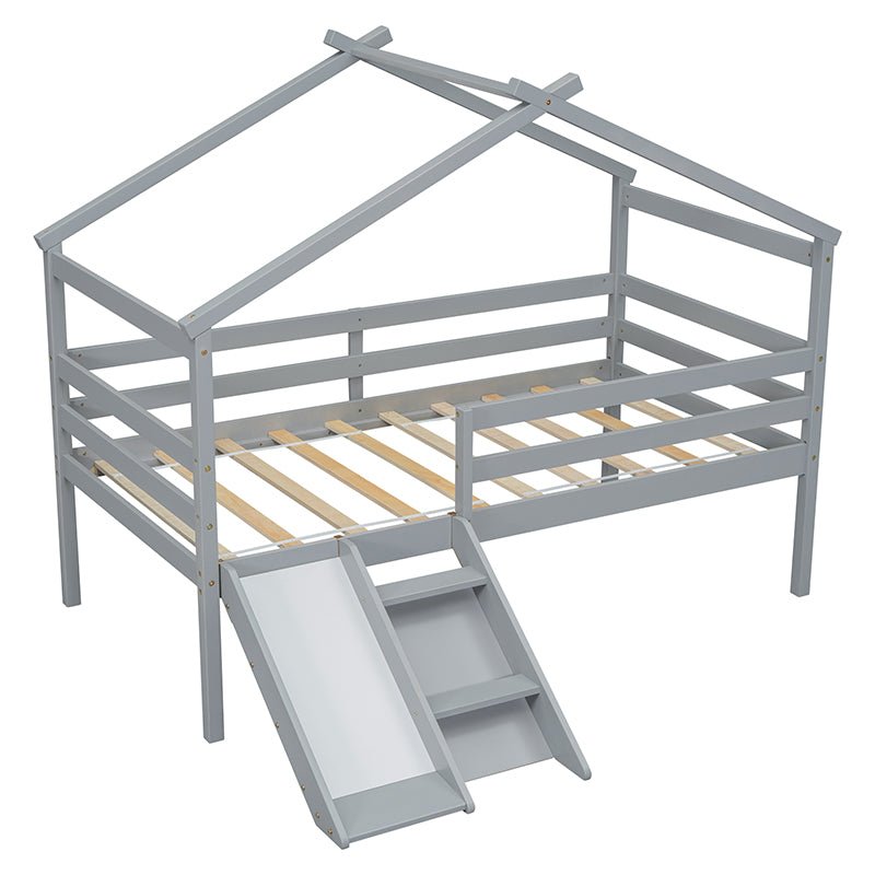 Bellemave® Twin Size Low Loft Bed with Slide, Ladder, Safety Guardrails, House Roof Frame - Bellemave