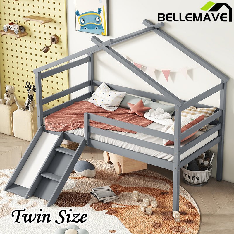 Bellemave® Twin Size Low Loft Bed with Slide, Ladder, Safety Guardrails, House Roof Frame - Bellemave