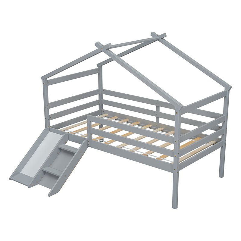 Bellemave® Twin Size Low Loft Bed with Slide, Ladder, Safety Guardrails, House Roof Frame - Bellemave
