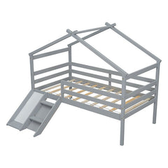 Bellemave® Twin Size Low Loft Bed with Slide, Ladder, Safety Guardrails, House Roof Frame - Bellemave