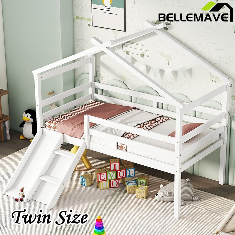 Bellemave® Twin Size Low Loft Bed with Slide, Ladder, Safety Guardrails, House Roof Frame - Bellemave