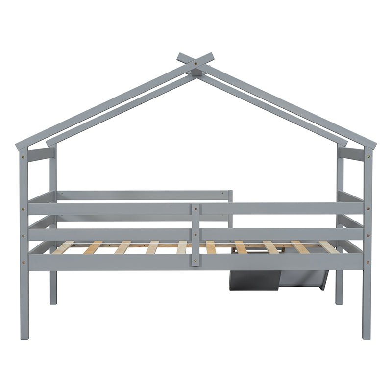 Bellemave® Twin Size Low Loft Bed with Slide, Ladder, Safety Guardrails, House Roof Frame - Bellemave