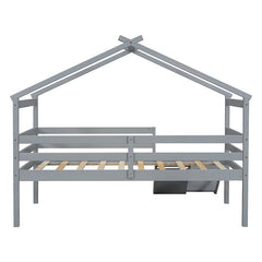 Bellemave® Twin Size Low Loft Bed with Slide, Ladder, Safety Guardrails, House Roof Frame - Bellemave