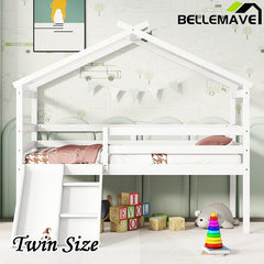 Bellemave® Twin Size Low Loft Bed with Slide, Ladder, Safety Guardrails, House Roof Frame - Bellemave