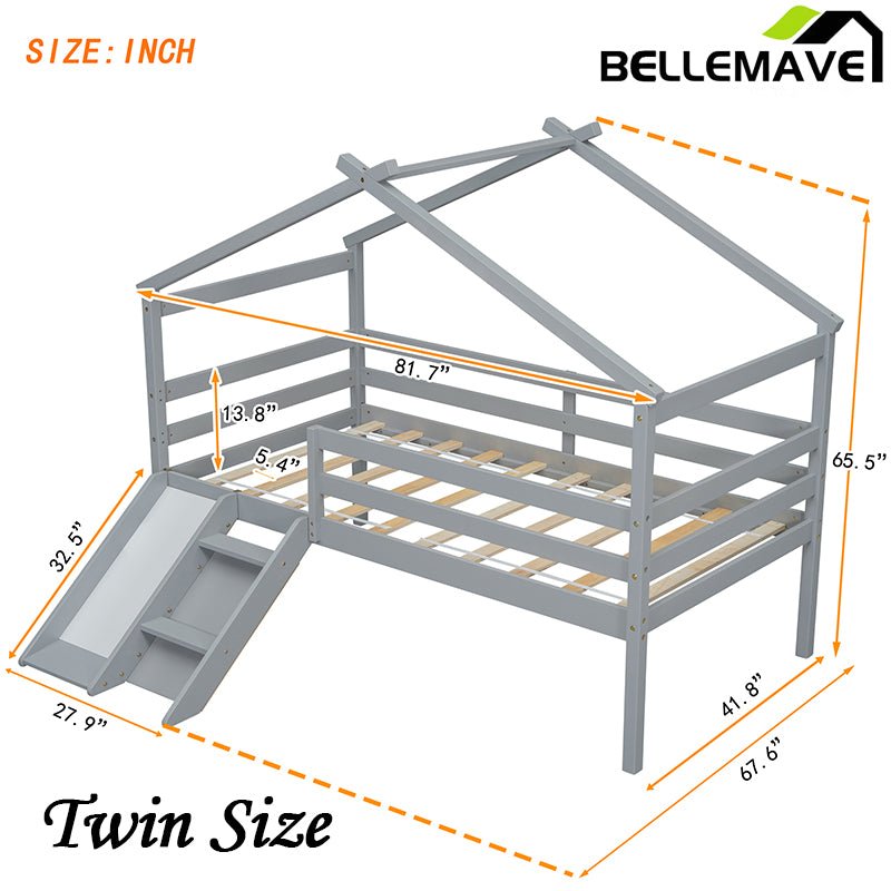 Bellemave® Twin Size Low Loft Bed with Slide, Ladder, Safety Guardrails, House Roof Frame - Bellemave