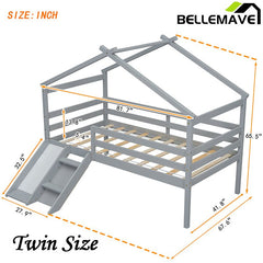 Bellemave® Twin Size Low Loft Bed with Slide, Ladder, Safety Guardrails, House Roof Frame - Bellemave