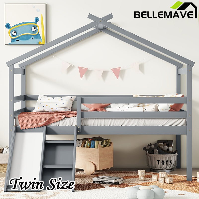 Bellemave® Twin Size Low Loft Bed with Slide, Ladder, Safety Guardrails, House Roof Frame - Bellemave