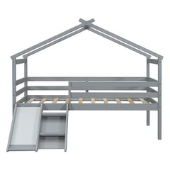 Bellemave® Twin Size Low Loft Bed with Slide, Ladder, Safety Guardrails, House Roof Frame - Bellemave
