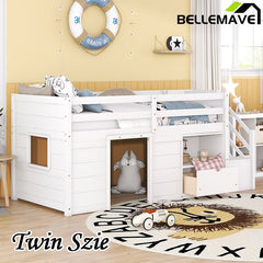 Bellemave® Twin Size Low Loft Bed with Stair, Drawer and Shelf, Built - In Space Under Bed - Bellemave