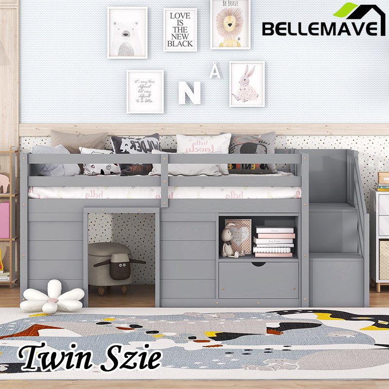 Bellemave® Twin Size Low Loft Bed with Stair, Drawer and Shelf, Built - In Space Under Bed - Bellemave