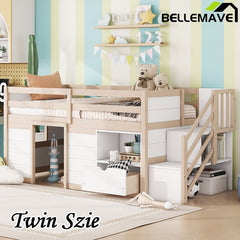 Bellemave® Twin Size Low Loft Bed with Stair, Drawer and Shelf, Built - In Space Under Bed - Bellemave