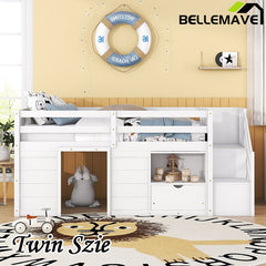 Bellemave® Twin Size Low Loft Bed with Stair, Drawer and Shelf, Built - In Space Under Bed - Bellemave