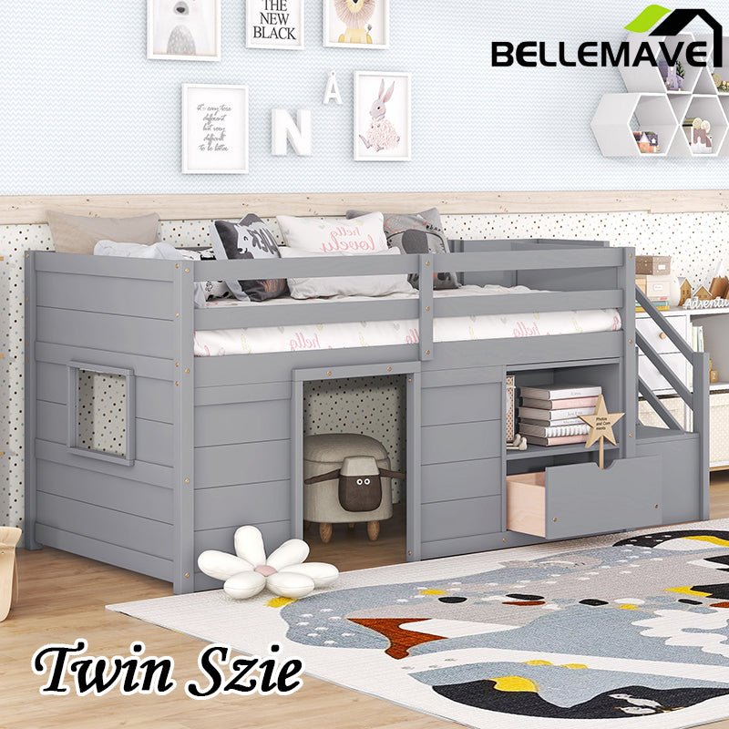 Bellemave® Twin Size Low Loft Bed with Stair, Drawer and Shelf, Built - In Space Under Bed - Bellemave
