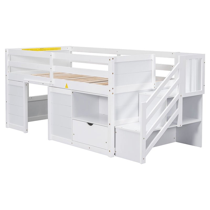 Bellemave® Twin Size Low Loft Bed with Stair, Drawer and Shelf, Built - In Space Under Bed - Bellemave