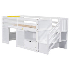 Bellemave® Twin Size Low Loft Bed with Stair, Drawer and Shelf, Built - In Space Under Bed - Bellemave