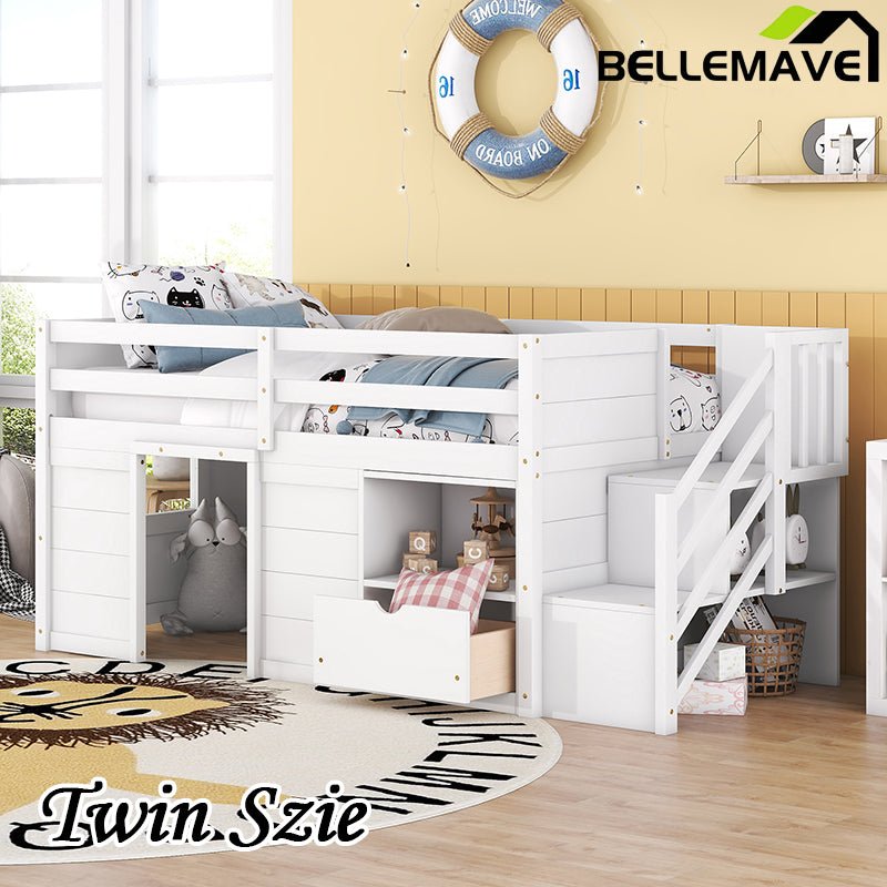 Bellemave® Twin Size Low Loft Bed with Stair, Drawer and Shelf, Built - In Space Under Bed - Bellemave