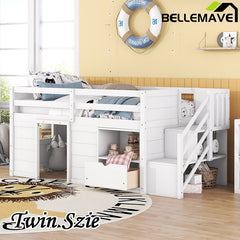 Bellemave® Twin Size Low Loft Bed with Stair, Drawer and Shelf, Built - In Space Under Bed - Bellemave