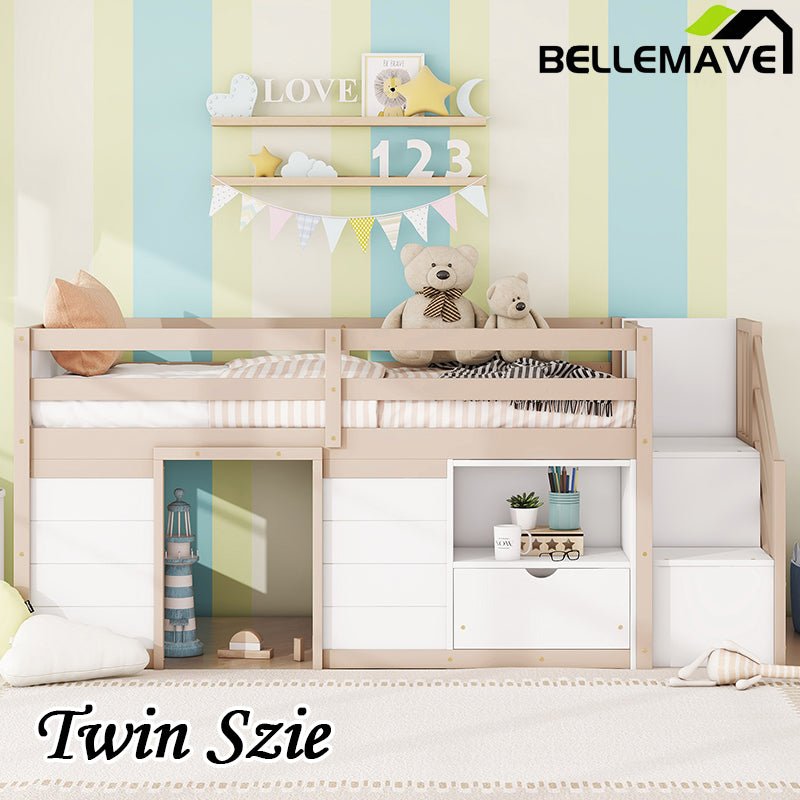 Bellemave® Twin Size Low Loft Bed with Stair, Drawer and Shelf, Built - In Space Under Bed - Bellemave
