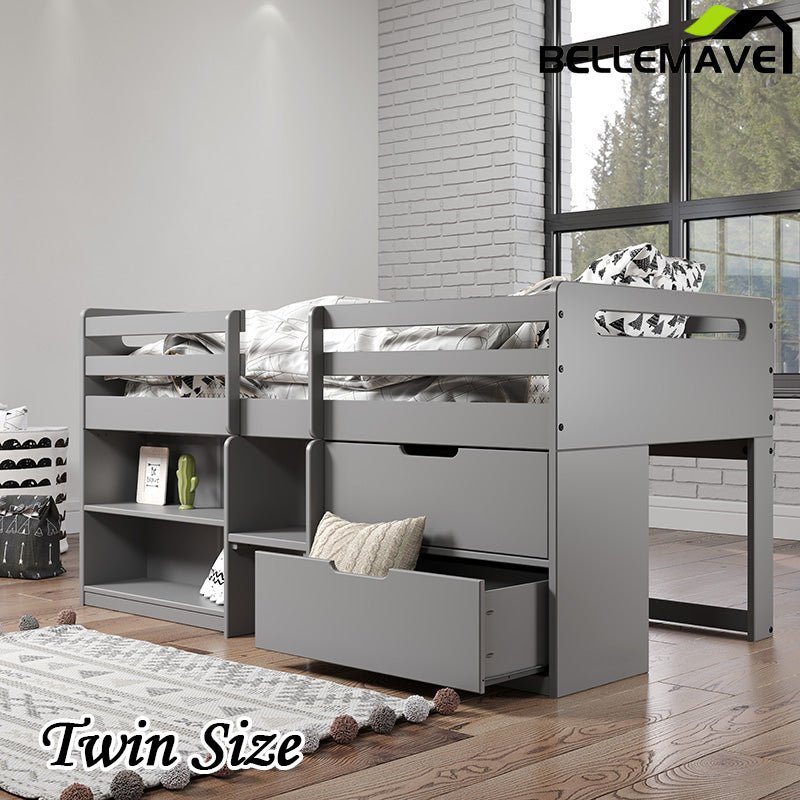 Bellemave® Twin Size Low Loft Bed with Storage Drawers and Open Shelves - Bellemave