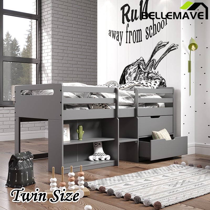 Bellemave® Twin Size Low Loft Bed with Storage Drawers and Open Shelves - Bellemave