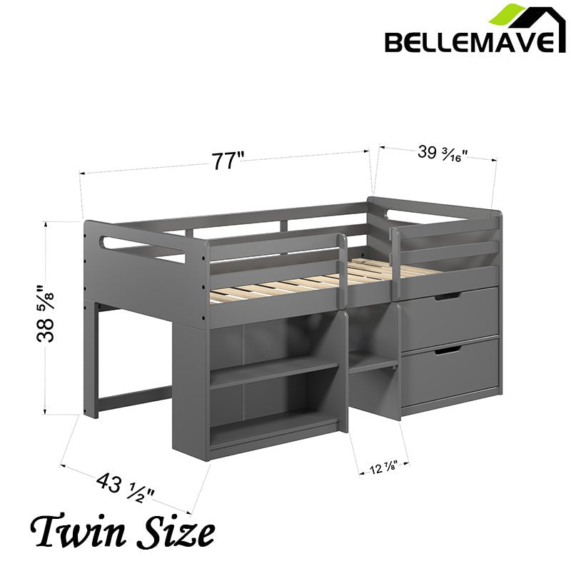 Bellemave® Twin Size Low Loft Bed with Storage Drawers and Open Shelves - Bellemave