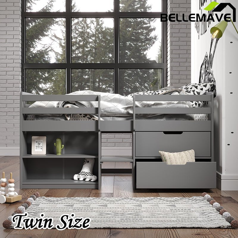 Bellemave® Twin Size Low Loft Bed with Storage Drawers and Open Shelves - Bellemave
