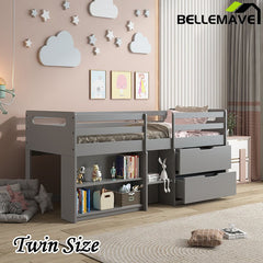 Bellemave® Twin Size Low Loft Bed with Storage Drawers and Open Shelves - Bellemave