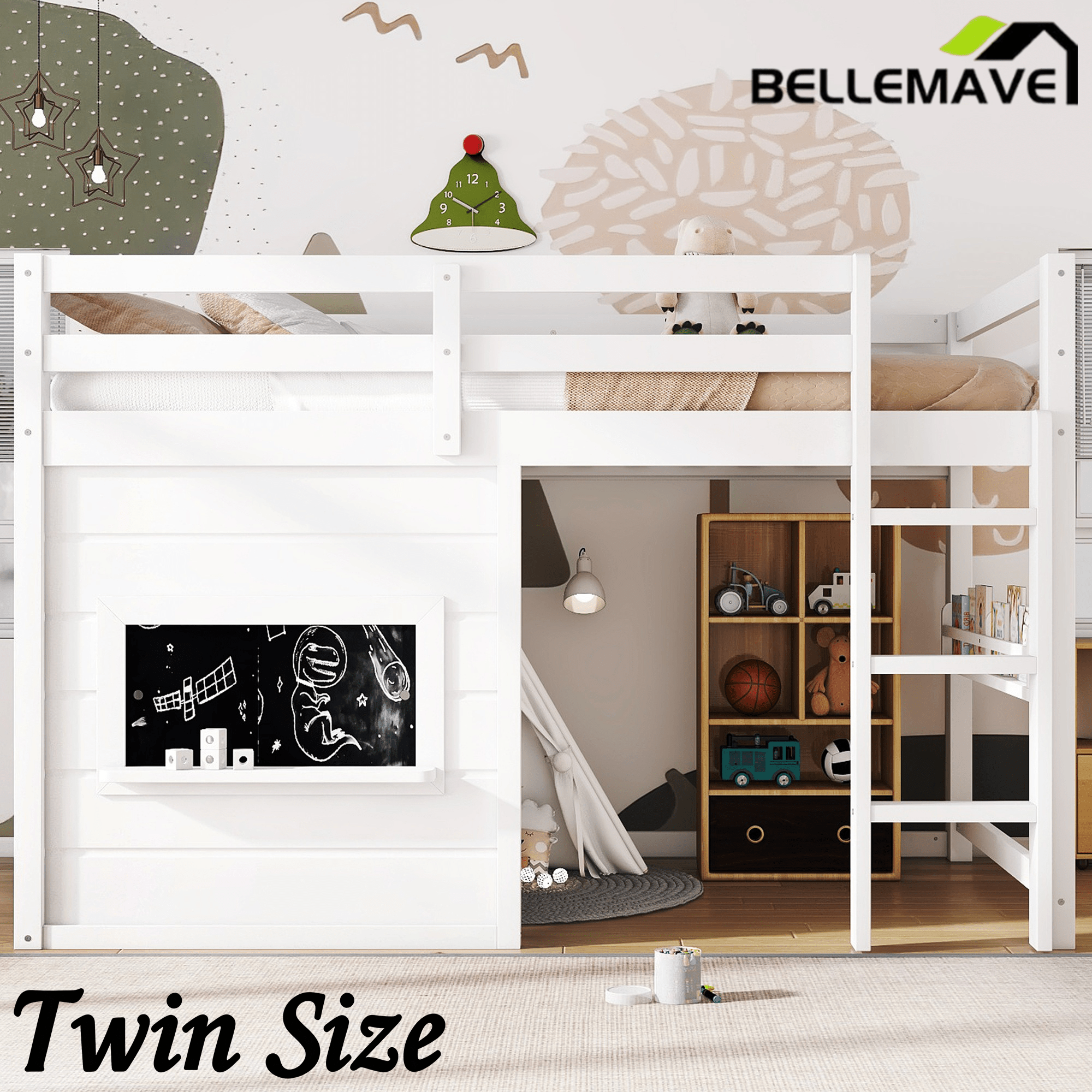 Bellemave® Twin Size Low Loft Bed with Storage Shelves for Kids,Kids Low Loft Bed Frame with Chalkboard and Bookshelf for Boys,Girls,Solid Wood,Gray - Bellemave