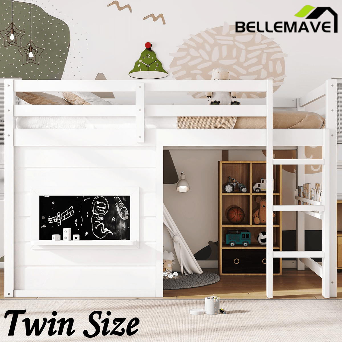 Bellemave® Twin Size Low Loft Bed with Storage Shelves for Kids,Kids Low Loft Bed Frame with Chalkboard and Bookshelf for Boys,Girls,Solid Wood,Gray - Bellemave