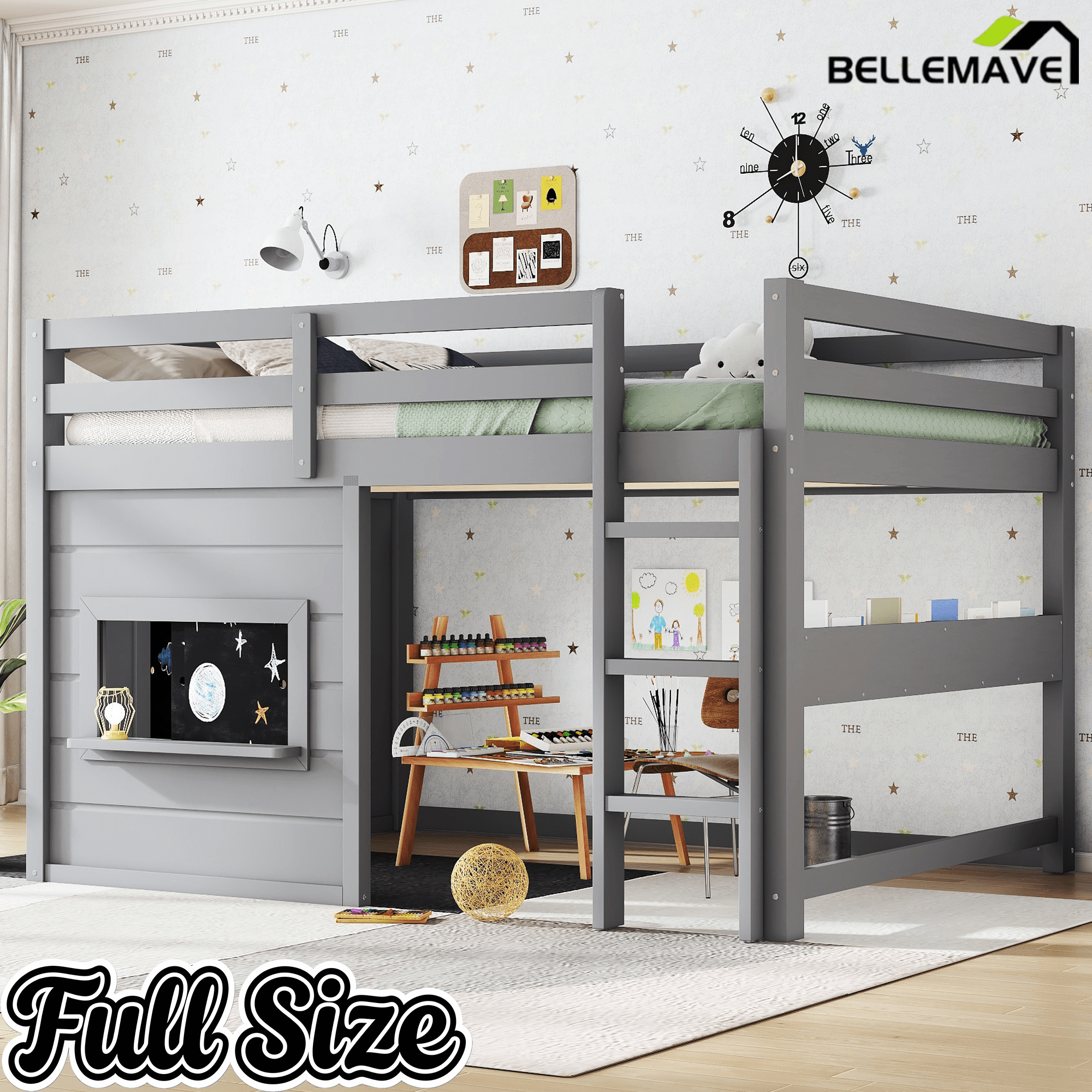 Bellemave® Twin Size Low Loft Bed with Storage Shelves for Kids,Kids Low Loft Bed Frame with Chalkboard and Bookshelf for Boys,Girls,Solid Wood,Gray - Bellemave
